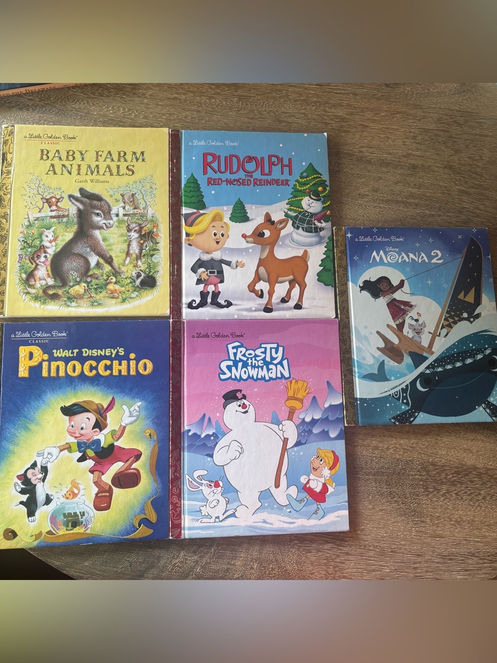 Lot of 5 Little Golden Books: Farm Animals, Rudolph, Pinocchio, Frosty, Moana